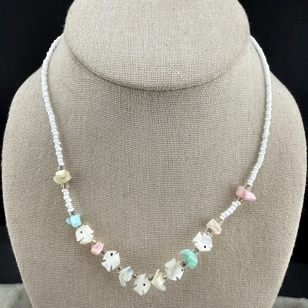 Vintage Heishi Fetish Necklace Beaded Carved Shell Fish‎ 16